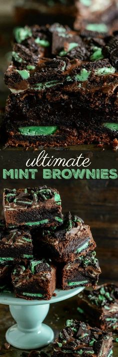 chocolate mint brownies stacked on top of each other with the words ultimate mint brownies