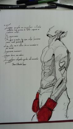 a drawing of a man with boxing gloves on his chest and handwritten poem in the background