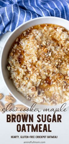 brown sugar oatmeal in a white bowl on a blue and white towel