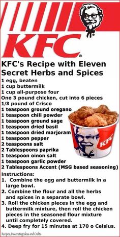 an advertisement for the kfc's recipe with eleven secret herbs and spicess