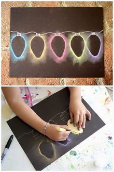 two pictures with chalk pastel on them and one has an image of the same child's hands