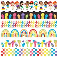 an image of children's hands and rainbows with different colors on the border