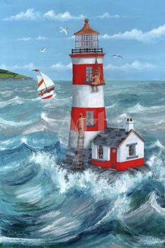 a painting of a lighthouse in the middle of some water with a sailboat nearby