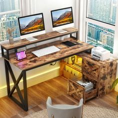 two computer monitors sitting on top of a wooden desk in front of a large window