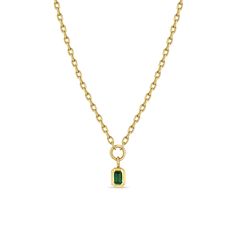 14k gold small hollow square oval link chain necklace with a small anchored circle ring and a bezel set emerald cut emerald pendant dangling from the circle. Gold Stone Pendant Necklace, Emerald Pendant Necklace Unique, Rectangular Emerald Jewelry With Bezel Setting, Rectangular Emerald Jewelry In Yellow Gold, Rectangular Emerald Yellow Gold Jewelry, Minimalist Rectangular Emerald Jewelry, Heavy Chain Necklace, Square Pendant Necklace, Emerald Necklace Pendant