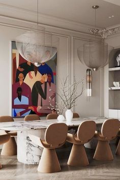 a dining room table with chairs and a painting on the wall in the back ground