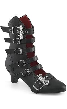 Put some magic in your step! The FLORA-1035 boots are your classic winklepickers with a twist: the top and bottom straps secure with spooky bat buckles for an extra touch of gothic charm. Vegan Black PU Leather 2" Inch (51mm) Heel Open Front Mid-Calf Boot Back Metal Zip Closure Featuring Regular & Bat Buckle Straps and Scalloped Edges U.S sizing-refer to size chart for more info Demonia Boots, Alternative Shoes, Gothic Boots, Demonia Shoes, Festival Shoes, Punk Boots, Buckle Ankle Boots, Cosplay Shoes, Black Vegan