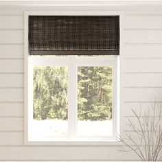 a window with a black roman blind in front of it and a potted plant next to the window