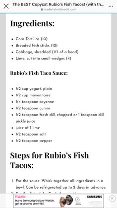 a menu with instructions for how to cook fish tacos and what to put in it