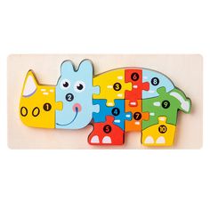 a wooden puzzle with an animal design on the front and back pieces in different colors