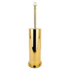 a gold toilet brush holder with a white ball on it's top and bottom