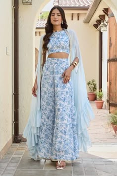 Buy Blue Crepe And Chinon Print Floral Round Neck Zeeba Cape & Palazzo Set For Women by Palak & Mehak Online at Aza Fashions. 3 Piece Sets For Women, Crop Top Lehenga Models, Two Piece Outfits Traditional, 3 Piece Dress For Women Indian, Crop Top And Pants Outfit, Diwali Fits, Shaadi Dresses, Indian Outfits Modern, Cheap Outfits