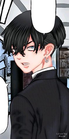 an anime character with black hair and piercings on his ears, wearing a suit