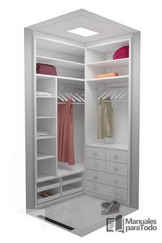 an open white closet with clothes and shoes