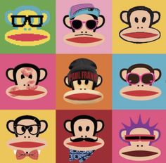 monkey with sunglasses and bow tie in different color squares, all wearing hats and glasses