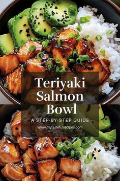 teriyaki salmon bowl with rice and cucumber in the middle, on top of