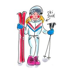 a drawing of a person holding skis and a pair of ski poles with the words ski stuff written on it