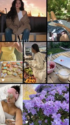 a collage of photos with different scenes including flowers, food and other things to eat