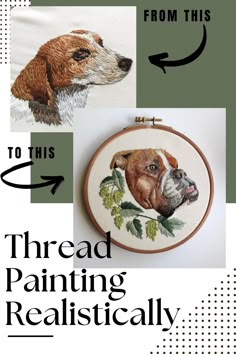 a cross stitch pattern with an image of a dog's head and the words thread painting realisticly printed on it