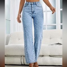 Brand New In Original Packaging Pearl Studded Jeans Straight Leg | Size Xxl (14) Ruffle Outfit, Pink Two Piece, Casual Denim Pants, Embellished Jeans, Flare Leg Jeans, Look Vintage, Relaxed Fit Jeans, Style Streetwear, Women Denim Jeans