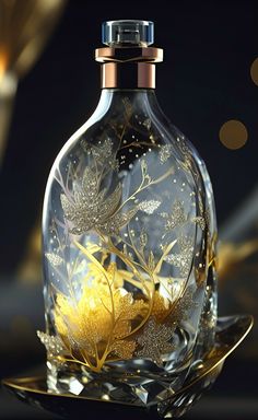 a glass bottle with gold leaves on it