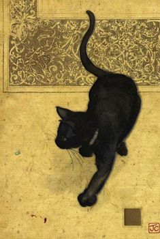 a black cat standing on top of a wooden floor next to a wall and rug