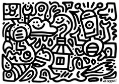 a black and white drawing of an abstract pattern with words in the middle, on a white background