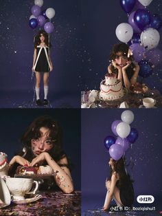 a woman sitting in front of a cake surrounded by balloons and confetti