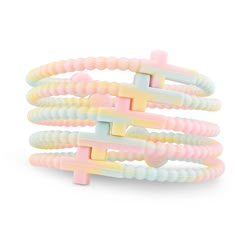 multicolored bracelets with cross charms on each side and pink, white, yellow, and blue beads