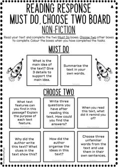 reading response worksheet for students to use in the classroom or on their own