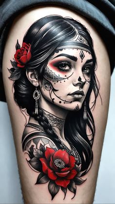 a woman's thigh with tattoos and roses on it