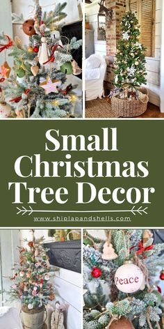 small christmas tree decorated with ornaments and other holiday decorations in various styles, colors and sizes