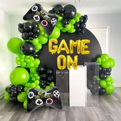 a video game themed birthday party with balloons