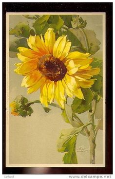 a painting of a yellow sunflower with green leaves