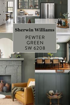 the interior of a kitchen and living room with green paint on the walls, fireplace in the dining room