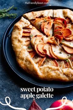 an apple pie with sliced apples on top and the words sweet potato apple galactic above it