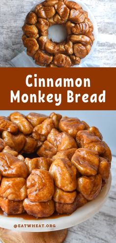 cinnamon monkey bread on a plate with the title above it