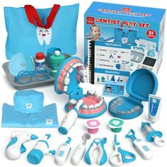 the dentist's play set includes toothbrushes, dental instruments and other items