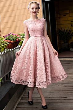 This Dress is fashionable for every occasion. the dress is made-to-order by professional tailors. You can choose from 50 colors, Regular sizes 2 to 16 and plus sizes 14w to 26W. Custom size is also available.. The product details: Color: Pink, Silhouette: A-Line, Neckline: Bateau, Waistline: Natural Waist, Length: Midi, Primary Fabric: Lace Vintage Style Prom Dresses, Gaun Koktail, Pink Lace Shorts, Tea Length Prom Dress, Short Graduation Dresses, Homecoming Dresses Lace, Fest Outfits, Fancy Gowns, Pink Homecoming Dress