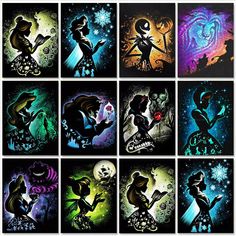 the silhouettes of disney characters are shown in different colors and sizes, with stars above them