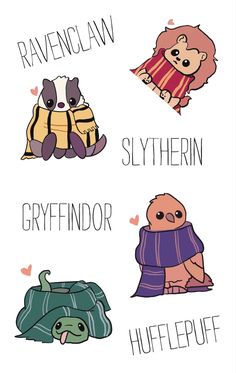 four different types of animals with names in each one's body and the words ravenclaw, slyferin, gryfindor, dufflepufffulf