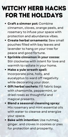 Transform your holidays with Witchy Herb Hacks! Craft simmer pots with cinnamon and cloves, create herb sachets for magical gifts, and make cleansing sprays for seasonal protection. These Yule traditions honor the Winter Solstice and align with intuitive witchcraft practices. Perfect for beginner witches and seasoned practitioners celebrating the magical season. Start your herb magic today! Yule Rituals Witchcraft, Witchy Homestead, Intuitive Witchcraft, Yule Simmer Pot, Winter Solstice Crafts, Herb Sachets, Winter Solstice Decorations, Protective Herbs, Yule Witch