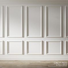 an empty room with white paneled walls and wood flooring is shown in this image