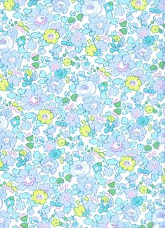 blue and yellow flowers on white background with pink, purple, green and blue flowers