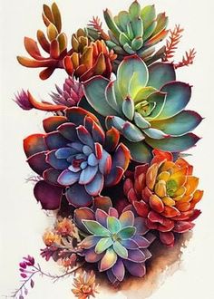 a painting of succulents and other plants on a white background with watercolor