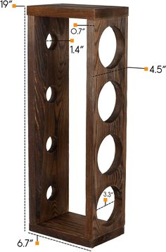 a wooden shelf with holes in the middle and measurements for each section on it's side