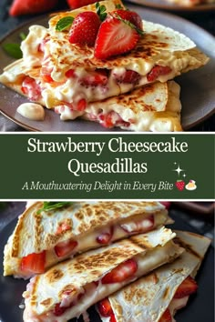 strawberry cheesecake quesadillas stacked on top of each other with strawberries