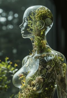 a glass mannequin covered in moss and plants