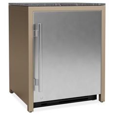 a stainless steel refrigerator freezer with marble top and bottom panel on an isolated white background