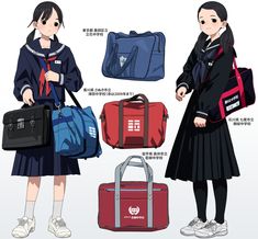 an anime character is holding several bags